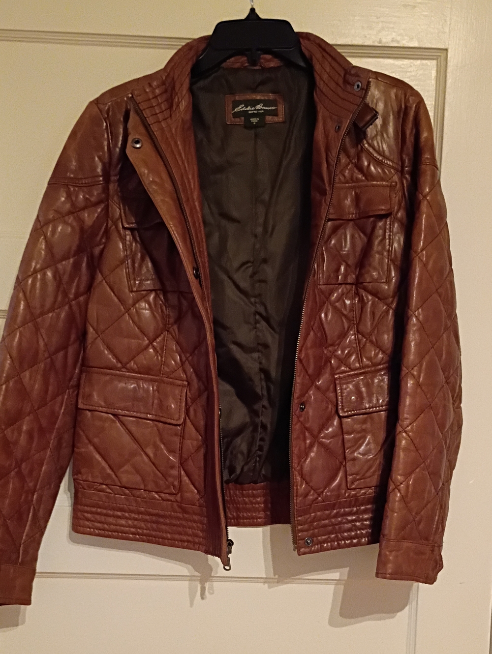 Eddie Bauer Quilted Brown Leather Varsity Jacket